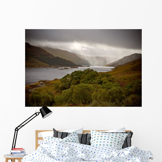 Dramatic storm with rain over the Loch Shiel, Scotland Wall Mural