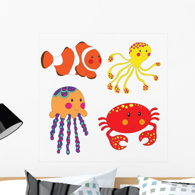 Set Cartoon Sea Creatures shown on a wall