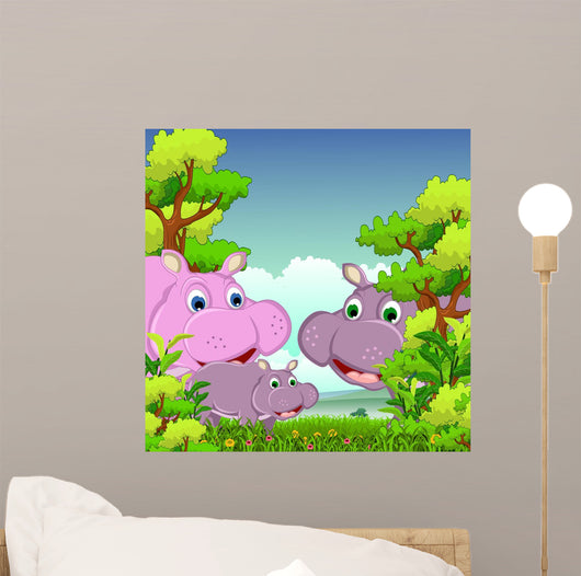 Family of Hippo With Forest Background 