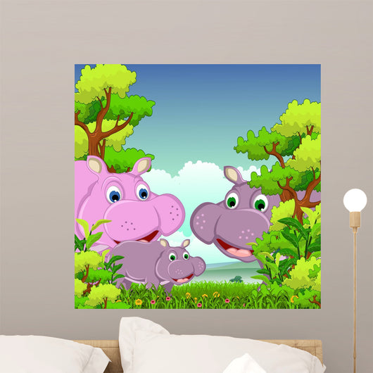 Family of Hippo With Forest Background 