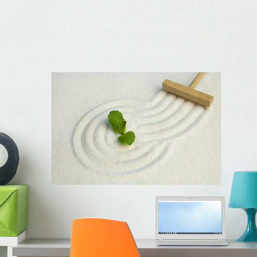 Green leaf on raked white sand of a zen garden Wall Mural