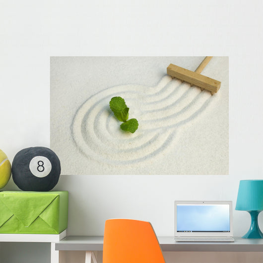 Green leaf on raked white sand of a zen garden Wall Mural