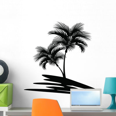 Palm Tree Silhouette Wall Decal shown on a wall
