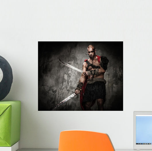 Wounded gladiator with two swords covered in blood 
