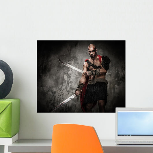 Wounded gladiator with two swords covered in blood 