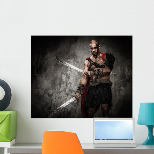 Wounded gladiator with two swords covered in blood 