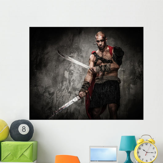 Wounded gladiator with two swords covered in blood 