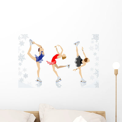 Figure Skating Three Women Wall Mural shown on a wall