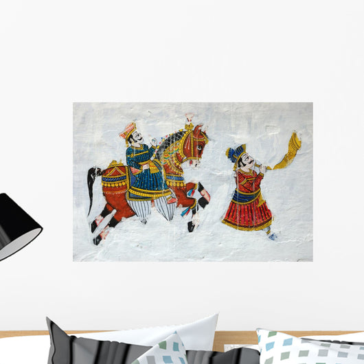 Traditional colourful medieval wall painting in Udaipur,India Wall Mural