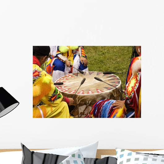 Indians Around a Drum at Pow Wow Wall Mural