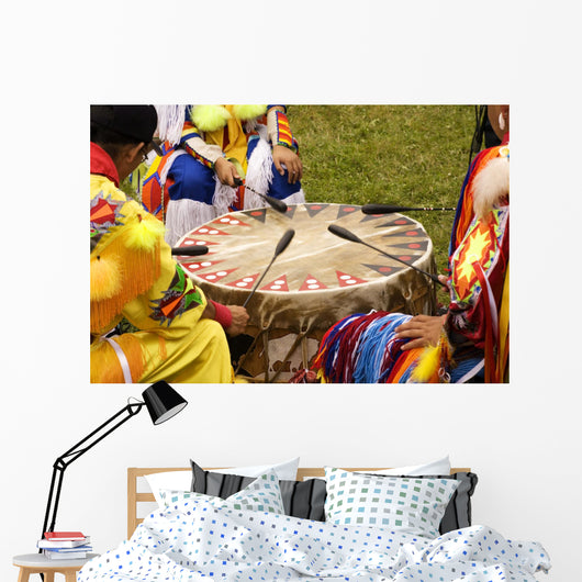Indians Around a Drum at Pow Wow Wall Mural