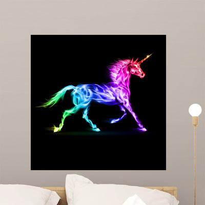 Colorful Fire Unicorn Wall Mural shown on a wall