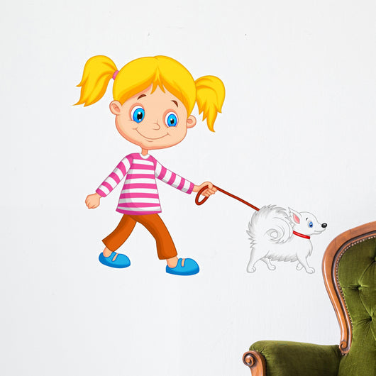 Cute girl walking with dog Wall Decal