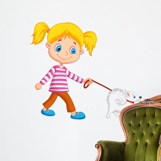 Cute girl walking with dog Wall Decal
