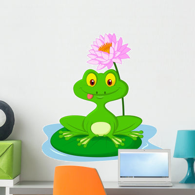 Green Frog Sitting Leaf Wall Decal shown on a wall