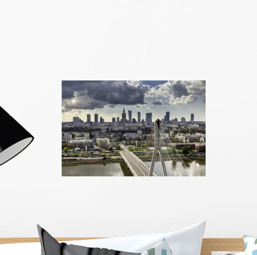 Warsaw skyline behind the bridge Wall Mural