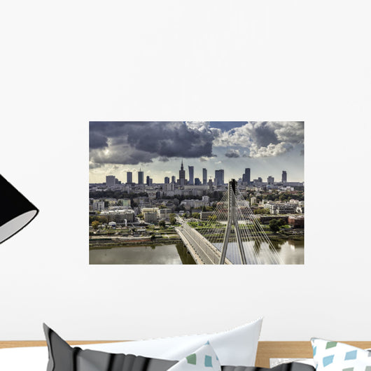 Warsaw skyline behind the bridge Wall Mural