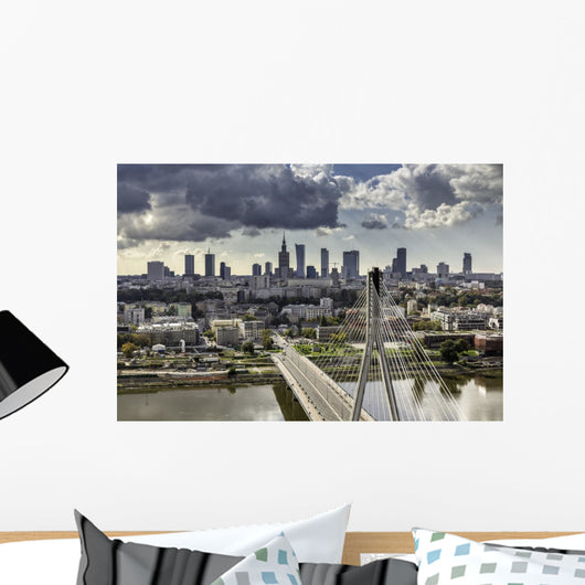 Warsaw skyline behind the bridge Wall Mural