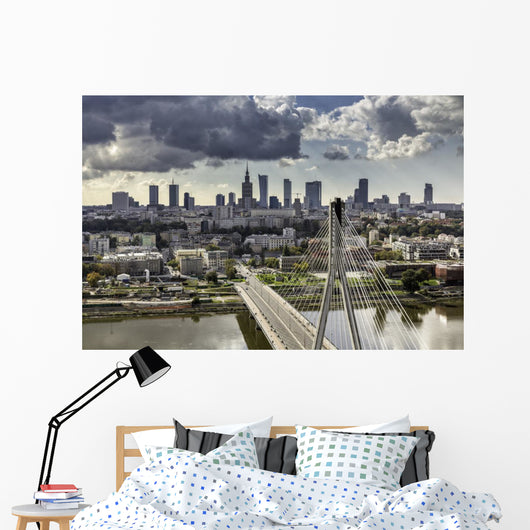 Warsaw skyline behind the bridge Wall Mural
