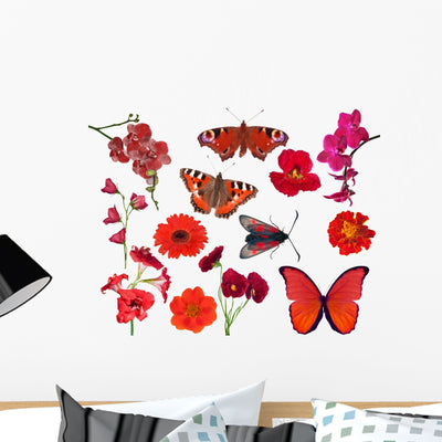 Red Butterflies Flowers Wall Stickers shown on a wall