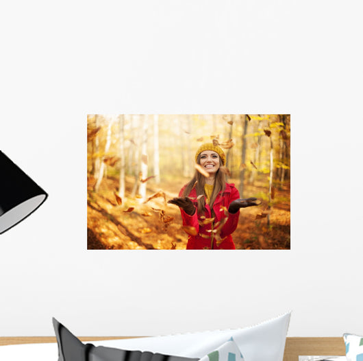 Happy Woman Throwing Leaves Wall Decal