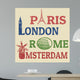 Paris, London, Rome and Amsterdam stamps Wall Mural