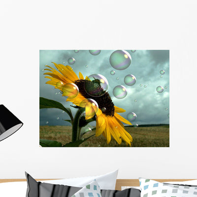 Sunflower and Bee Wall Mural shown on a wall
