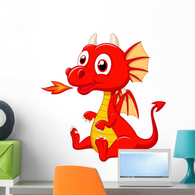 Cute Baby Red Dragon Wall Decal shown on a wall