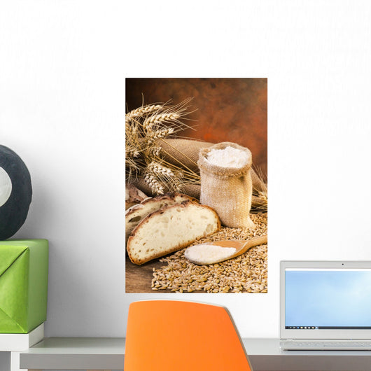 sacco di farina con pane e spighe 