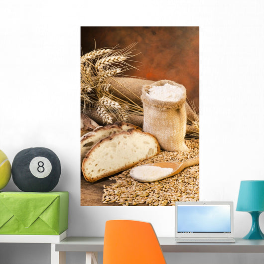 sacco di farina con pane e spighe 