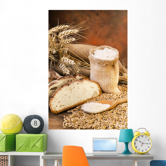 sacco di farina con pane e spighe 