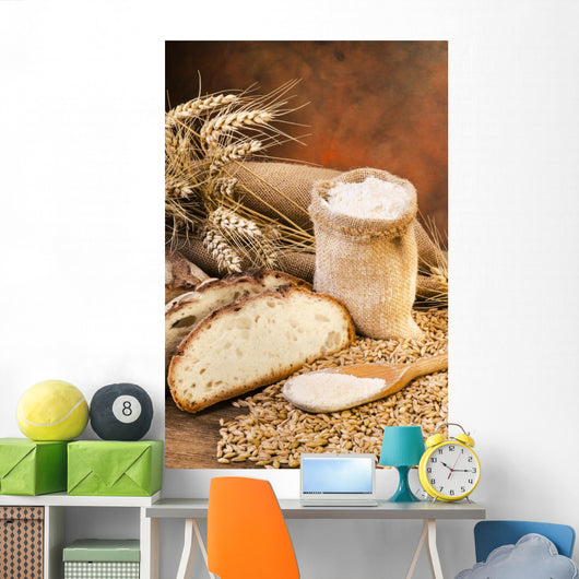 sacco di farina con pane e spighe 