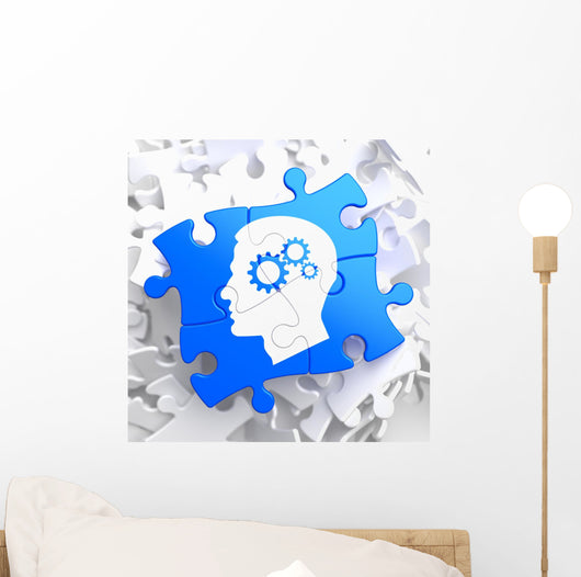 Psychological Concept on Blue Puzzle. Wall Mural