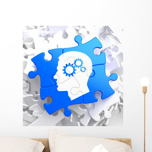 Psychological Concept on Blue Puzzle. Wall Mural
