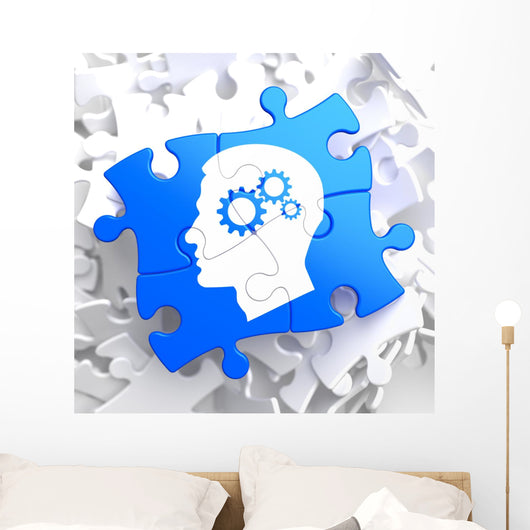 Psychological Concept on Blue Puzzle. Wall Mural