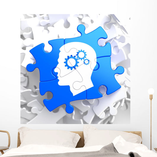 Psychological Concept on Blue Puzzle. Wall Mural