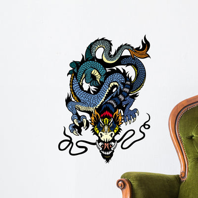 Blue Dragon Tattoo Wall Decal shown on a wall