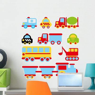 Baby Cars Transportation Wall Stickers shown on a wall