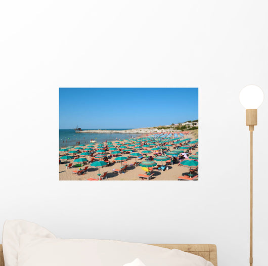 View of beach with umbrellas at beach near Vieste, Apulia,Italy 