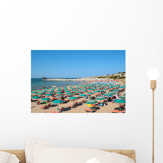 View of beach with umbrellas at beach near Vieste, Apulia,Italy 