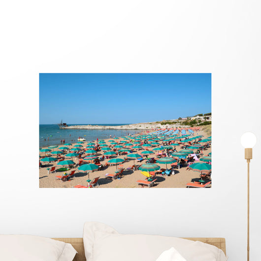 View of beach with umbrellas at beach near Vieste, Apulia,Italy 