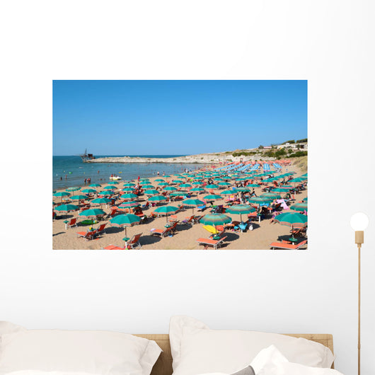 View of beach with umbrellas at beach near Vieste, Apulia,Italy 