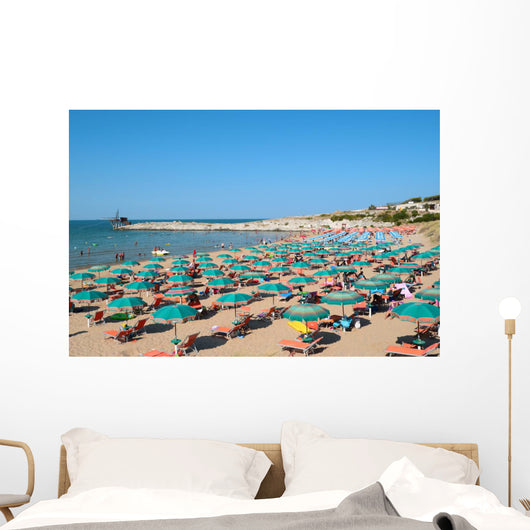 View of beach with umbrellas at beach near Vieste, Apulia,Italy 