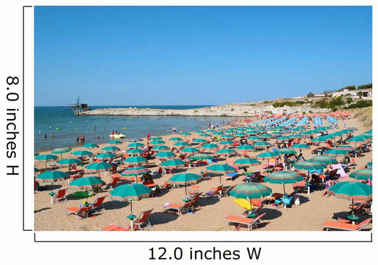 View of beach with umbrellas at beach near Vieste, Apulia,Italy 