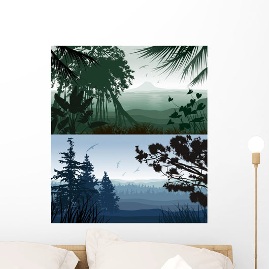 Forest Landscape. Illustration of tropical and pine forest Wall Mural