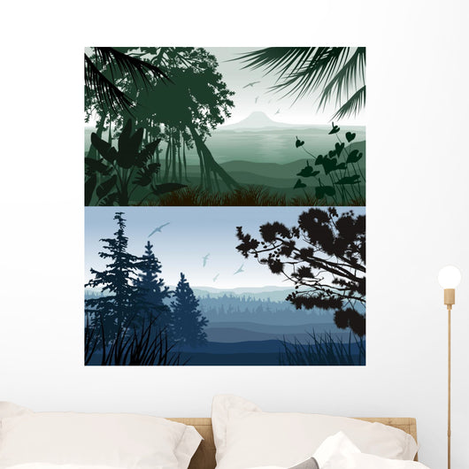 Forest Landscape. Illustration of tropical and pine forest Wall Mural