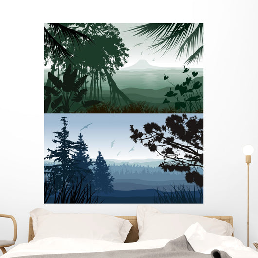 Forest Landscape. Illustration of tropical and pine forest Wall Mural