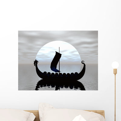 Viking Ship Silhouette Wall Mural shown on a wall