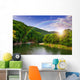 river flows by rocky shore near the autumn mountain forest Wall Mural