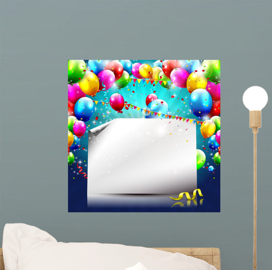 Colorful birthday background with balloons and empty paper 